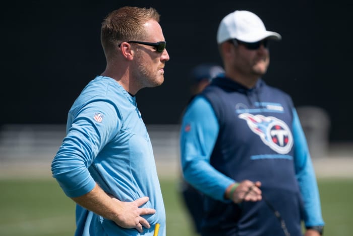 Tennessee Titans offensive coordinator Todd Downing looks over the field during practice at Ascension Saint Thomas Sports Park Thursday, Sept. 15, 2022, in Nashville, Tenn.
